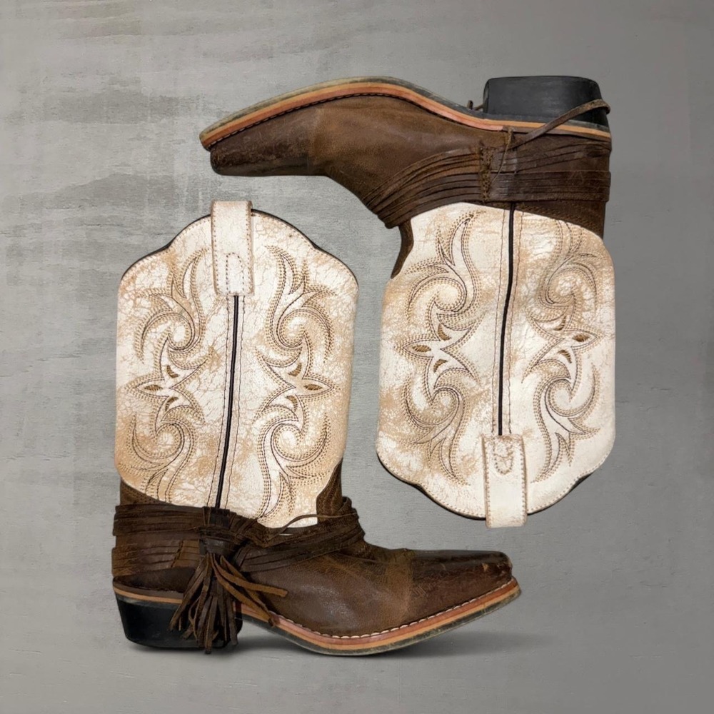 Dan Post Youth 4D Brown Cream Leather Western‎ Cowboy Boots DPC3911 Square Toe
